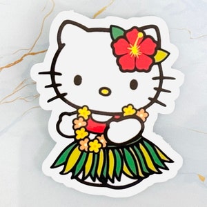 Hello Cat Hawaiian Hula Dancer | Waterproof Sticker | Weatherproof Stickers | Scratch-Resistant | Vinyl Sticker | Party Favor