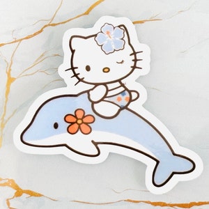Hello Cat on Dolphin Sticker | Individual | Waterproof Stickers | Weatherproof Stickers | Scratch-Resistant | Vinyl Stickers | Party Favor