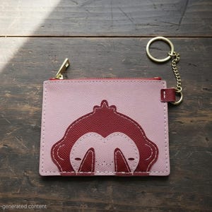 May include: A rectangular light pink coin purse featuring a dark red monkey face appliqué on the front. The purse has a gold-toned zipper closure and a matching gold-toned metal key ring attached by a short chain to the top right corner.