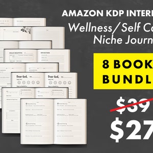 Puede incluir: Un paquete de productos digitales de 8 plantillas de diario de bienestar y autocuidado para Kindle Direct Publishing (KDP). El paquete tiene un precio de 27 €, un descuento del precio original de 39 €. La imagen muestra las páginas interiores de los diarios, que presentan indicaciones y secciones para la reflexión, la gratitud y las afirmaciones.