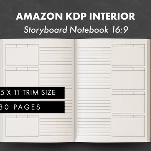 Puede incluir: Un cuaderno abierto con una cubierta blanca y líneas negras. El cuaderno está etiquetado como "AMAZON KDP INTERIOR Storyboard Notebook 16:9" y tiene el texto "8.5 X 11 TRIM SIZE 180 PAGES" impreso en la portada.