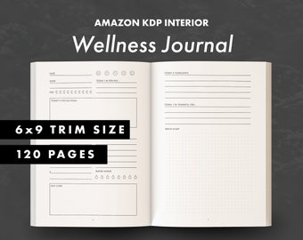 Könnte beinhalten: Offenes Buch mit weißem Hintergrund und schwarzem Text. Das Buch ist ein Wellness-Tagebuch mit Abschnitten für die Highlights des Tages, Dankbarkeit und einen Brainstorming-Bereich. Das Buch ist 15,24 x 22,86 cm groß und hat 120 Seiten.