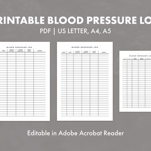 Printable Blood Pressure Log, Editable Blood Pressure Log, Blood Pressure Tracker, US Letter, A4, A5
