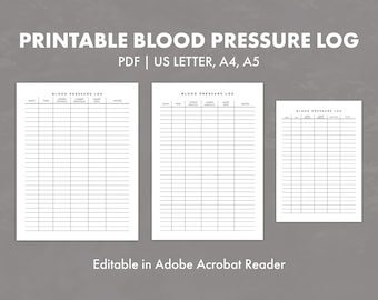 Printable Blood Pressure Log, Editable Blood Pressure Log, Blood Pressure Tracker, US Letter, A4, A5