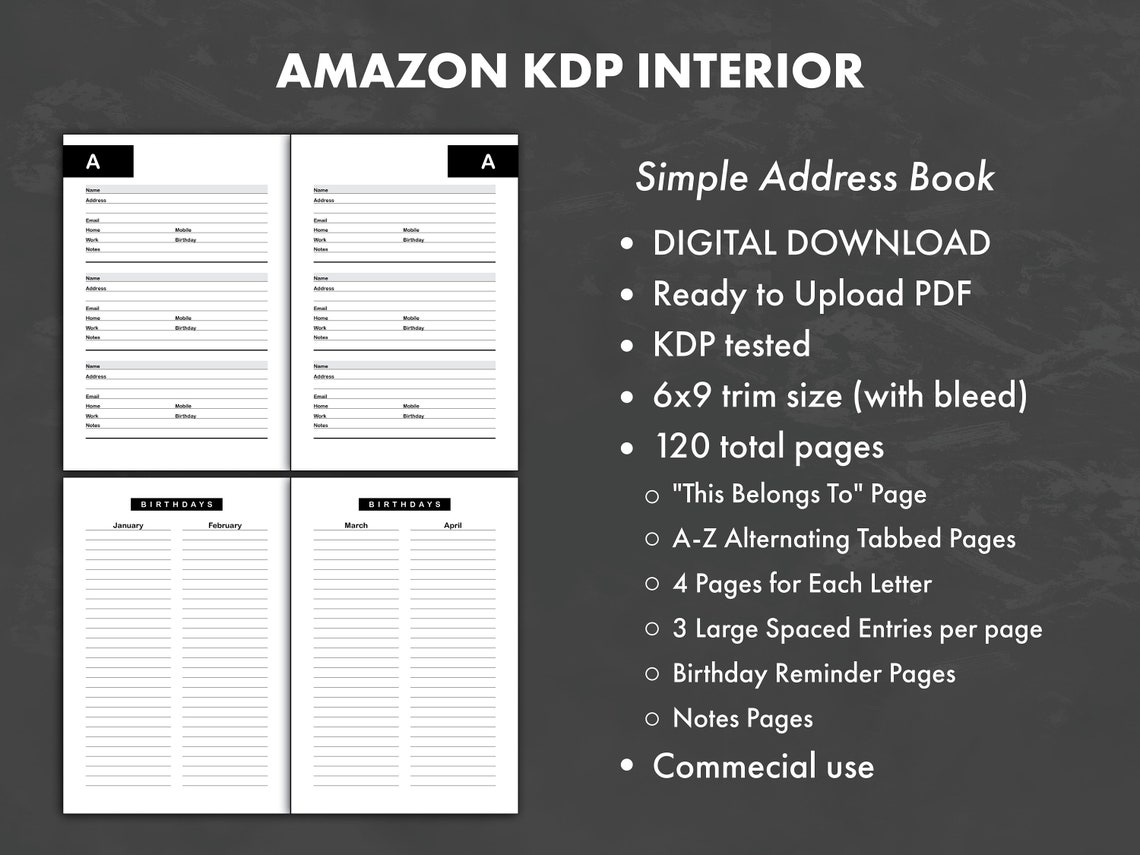 KDP Address Book Large Print Ready to Upload PDF Commercial Use Etsy
