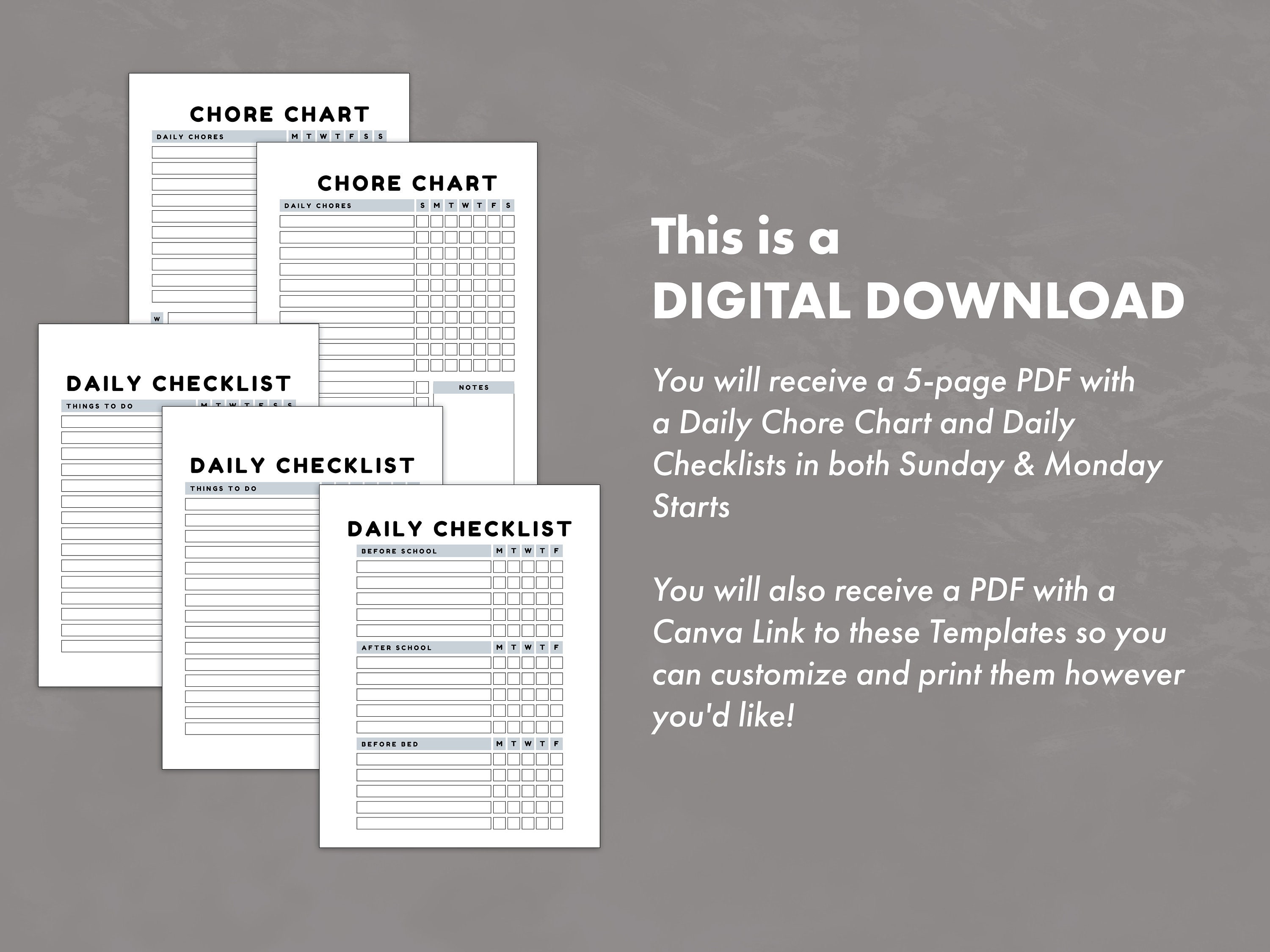 Blank Printable Chore Chart - Chore Chart for Kids - Daily Checklist ...