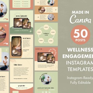 以下が含まれることがあります： ウェルネスブランド向けのInstagram投稿テンプレート50個。薄い緑と桃色のカラーパレットで、キャンドル、星、瞑想する女性のイラストが描かれています。「MADE IN CANVA」と「50 POSTS」のテキストは桃色の円の中にあります。「WELLNESS ENGAGEMENT INSTAGRAM TEMPLATES」のテキストは黒色です。「Instagram-Ready, Fully Editable」のテキストは黒色です。
