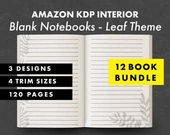 May include: An open notebook with lined pages and a leaf design on the cover. The notebook is part of a 12 book bundle, with 3 designs and 4 trim sizes. Each notebook has 120 pages.