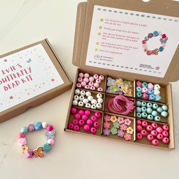 Personalised butterflies and flowers bead making kit | Eco friendly kids party craft | Bracelet making kit | Girls birthday gift UK