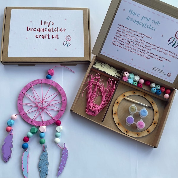 Personalizado haga su propio kit de artesanía dreamcatcher / Regalo de cumpleaños para niñas / Caja de actividades personalizada para niños / Regalo de buzón para niñas / Pintura