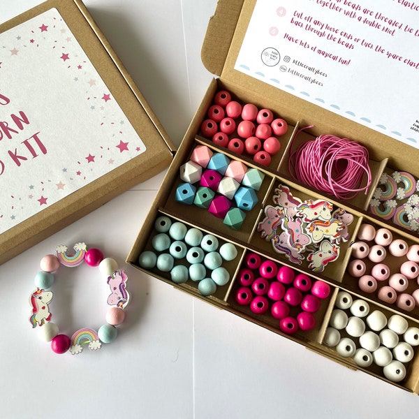 Kit personnalisé de fabrication de perles licorne et arc-en-ciel | Artisanat de fête pour enfants respectueux de l'environnement | Kit de fabrication de bracelets | Cadeau d'anniversaire pour fille
