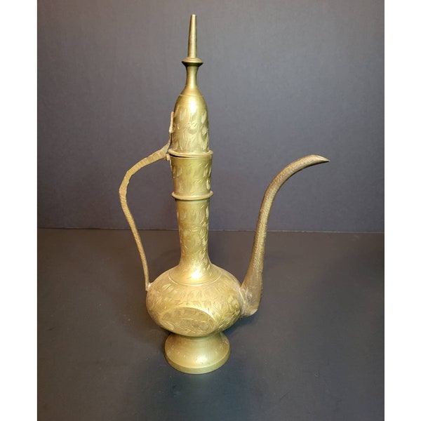 Vintage Etched Brass Oil Pitcher, Teapot, or Coffee Pot INDIA Genie Lamp