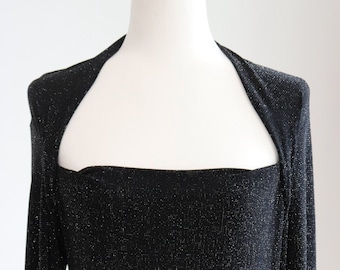 Vintage 1970s Gantos Black & Silver Lurex Sparkle Top Size Large Square Neck Disco