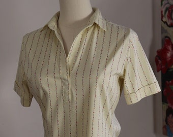 Vintage 1970s Floral Polo Shirt Women's Sz.12 Pale Yellow Used
