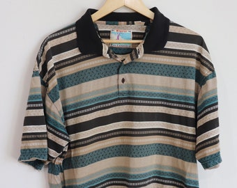 Vintage 80s/90s Riggins Pro Collection Golf Polo Striped Tan/Blue/Black Large