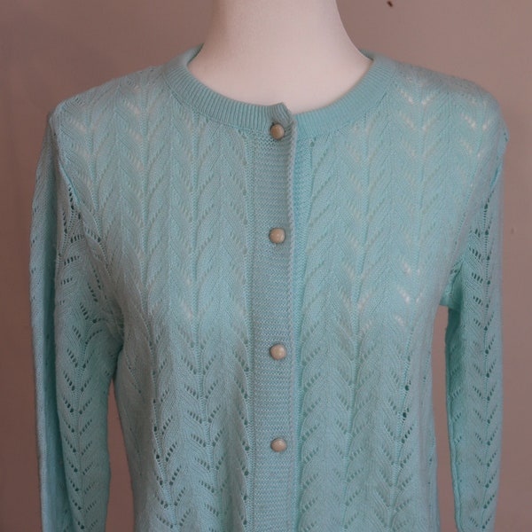 Vintage Pointelle Cardigan Aqua Blue Romantic Cottage Core Cardi Grandma Sweater Size Medium? Used