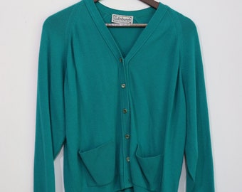 Vintage 1980s 90s Edinburgh Cardigan Wool Sweater Green Women's Sz.36 Made in Great Britain