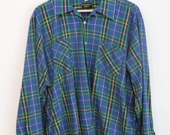 Vintage 1980s 90s Nova Scotia Tartan Plaid Button Up Shirt Men's Sz.XL Blue/Green/Yellow Bonda Inc Yarmouth, NS Used