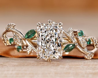 Nature Inspired Engagement Ring with Side Emerald Gemstone, Radiant Cut Lab Grown Diamond Ring, Leave and Petal Design, Wedding Ring for Her
