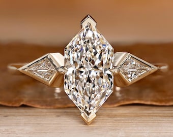 Dutch Marquise Lab Grown Diamond Three Stone Engagement Ring, Side Kite Cut Diamond in Bezel Setting, Wedding Ring for Her, Anniversary Gift