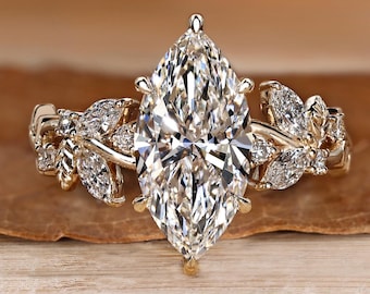 Marquise Diamond Nature Inspired Ring with Side Leaf Detailing, Marquise and Round Diamond Accent, Lab Grown Diamond Wedding Ring for Her