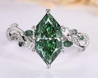 Nature Inspired Green Dutch Marquise Diamond Engagement Ring with Side Moss Agate, Leaves and Petals Design, Handmade Ring by Diamondrensu