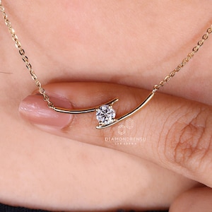 Unique Solitaire Lab Grown Diamond Pendant Necklace - Designer Necklace in White, Yellow, Rose Gold - Ready to Gift -  Round Diamond Pendant