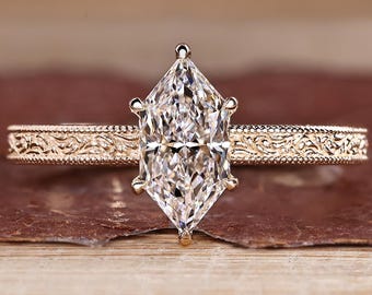 Dutch Marquise Lab Grown Diamond Ring in Etched Vintage Band, IGI Certified Diamond Wedding Ring for Her, Handmade by Diamondrensu