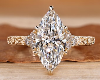 Marquise Art Deco Diamond Ring with Muse Setting and Milgrain Details, Rose Engraved Details Wedding Ring for Her, Vintage Engagement Ring