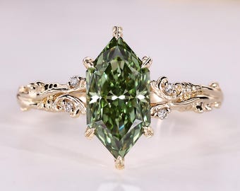 Art Deco Style Engagement Ring in Green Dutch Marquise Lab Grown Diamond, Nature Inspired Wedding Ring for Her, Anniversary Gifts for Women
