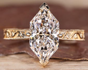 Engraved Details Dutch Marquise Diamond Engagement Ring, Lab Grown Diamond Wedding Ring for Her, Unique Vine Detailing with Milgrain Setting