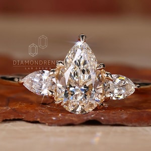 1.10 CT Pear Cut Lab Grown Diamond Three Stone Engagement Ring, GH/VS Lab Created Diamond Ring, Wedding Ring, Bridal Ring, Anniversary Gift