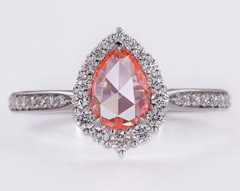 Anillo de compromiso con halo de diamantes talla pera rosa estilo vintage, anillo de boda con diamante rosa cultivado en laboratorio, anillo de promesa único para ella, regalo de aniversario