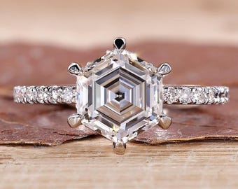 Hidden Halo Hexagon Cut Diamond Engagement Ring, Lab Grown Diamond Basket Pave Wedding Ring, 2 Carat IGI Certified Diamond Ring for Women