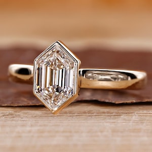 Hexagon Cut Diamond Solitaire Engagement Ring in Bezel Set, Comfort fit Wedding Ring for Her, Lab Grown Diamond Anniversary Ring for Women