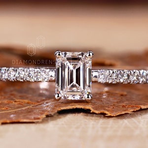 0.51 CT Emerald Cut Lab Grown Diamond Ring, D/VS Lab Created Diamond Engagement Ring, Pave Ring, Anniversary Gifts, Diamond Ring for Women
