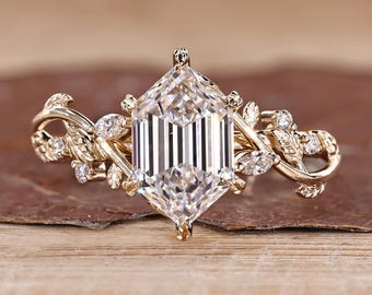 Nature Inspired Engagement Ring with Leaves and Petal Design, Elongated Hexagon Lab Grown Diamond, Wedding Ring for Her, Anniversary Gifts