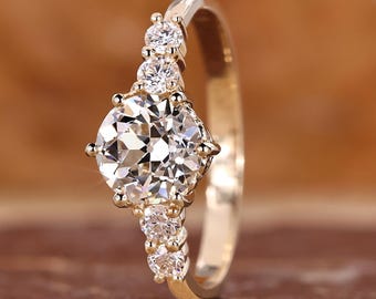 Old European Cut Round Lab Grown Diamond 5 Stone Engagement Ring, IGI Certified Diamond Wedding Ring for Her, Anniversary Gifts for Women