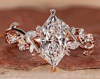 Nature Inspired Engagement Ring in Dutch Marquise Cut Lab Grown Diamond, Leaves and Petal Design, Handcrafted Wedding Ring, Anniversary Gift