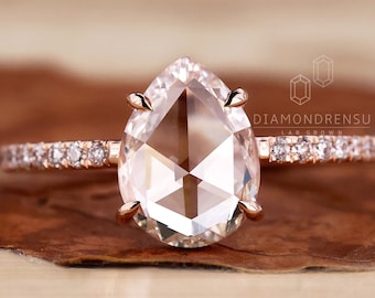 Anillo de compromiso con diamante cultivado en laboratorio, talla pera rosa, para mujer, anillo de promesa, anillo de boda de estilo vintage, regalo de aniversario, anillo de talla plana para ella.