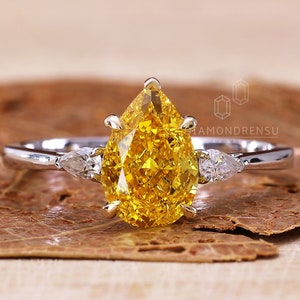 1.61 CT Pear Cut Fancy Yellow Lab Grown Diamond Ring, Three Stone Engagement Ring, Yellow Color Diamond Ring, Anniversary Gift, Ring for Her