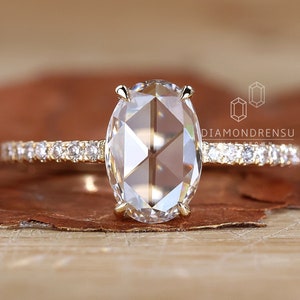 Ovale roos geslepen diamanten verlovingsring, vintage stijl ring, 1,03 CT plat geslepen diamant, trouwring voor vrouwen, jubileumcadeau ring