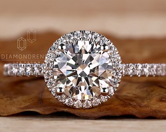 Anillo de diamantes cultivados en laboratorio de talla brillante redonda de 0,50 a 3,0 quilates, anillo de compromiso con halo, anillo de diamantes cultivados en laboratorio EF/VS, anillo de boda de diamantes para mujer.