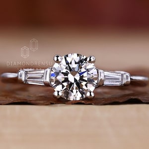 0.80 - 2.0 CT Round Lab Grown Diamond Engagement Ring, Three Stone Ring Side Tapered Baguettes, Diamond Ring for Her, F/VS Lab Diamond Ring