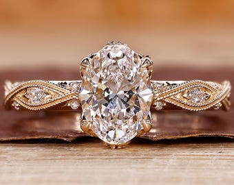 Antique Vintage Art Deco Style Oval Engagement Ring with Diamond Basket, Infinity Milgrain Wedding Ring for Her, Handmade by Diamondrensu