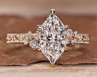 Tulip Basket Set Dutch Marquise Diamond Engagement Ring in Etched Details, Wedding Ring for Her, Handmade Engrave Detail by Diamondrensu