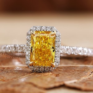 1 CT Fancy Yellow Radiant Cut Lab Grown Diamond Ring, Halo Engagement Ring, Yellow Color Diamond Ring, Anniversary Gift, Ring for Women