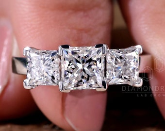 Three Stone Engagement Ring, 2.70 TCW Princess Cut Lab Created Diamond Wedding Ring, Lab Grown Diamond Ring for Women, Anniversary Gift Ring