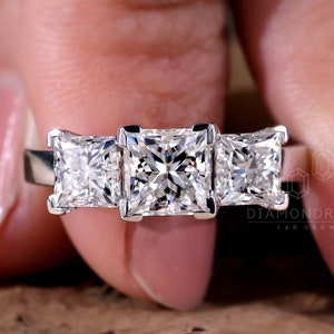 Three Stone Engagement Ring, 2.70 TCW Princess Cut Lab Created Diamond Wedding Ring, Lab Grown Diamond Ring for Women, Anniversary Gift Ring