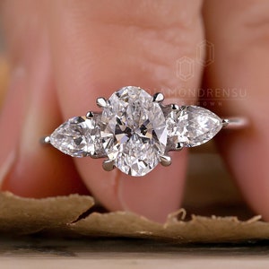 1.67 TCW Oval and Pear Cut Lab Diamond Wedding Ring, Three Stone Engagement Ring, Diamond Ring for Women, Propose Ring, Anniversary Gift